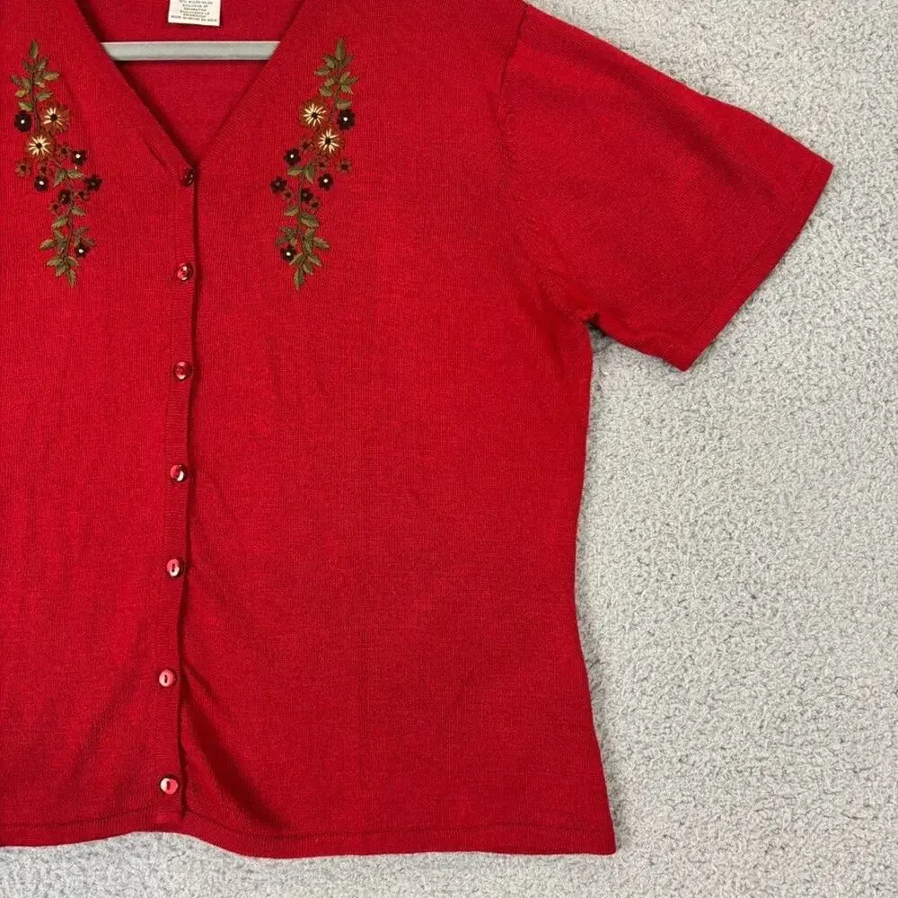Vtg Embroidered Cardigan Sweater Lg Red Boho Cottage Country Grandma Lightweight